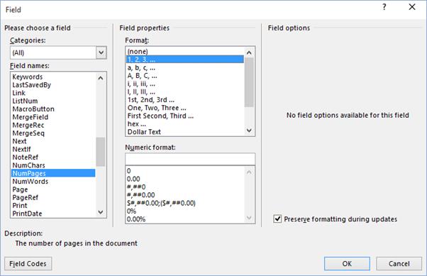 Field dialogbox in Word 2016